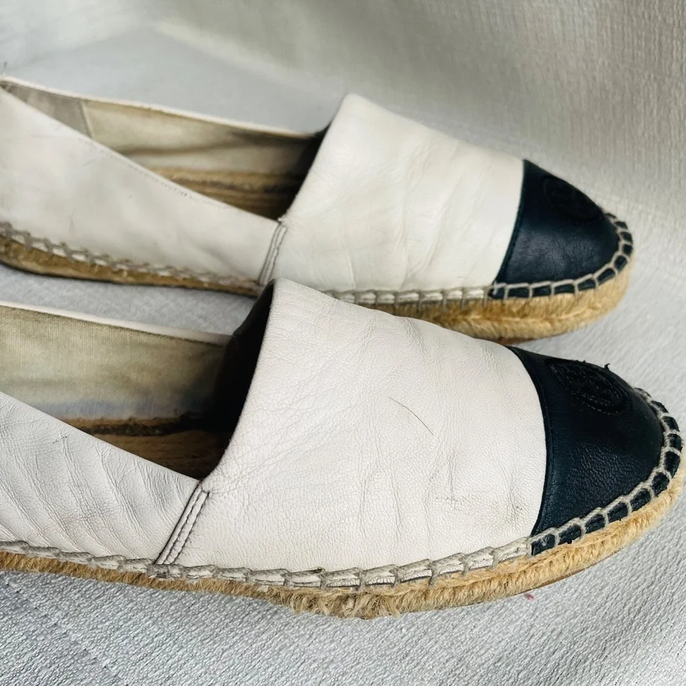 TORY BURCH Colorblock Espadrilles Leather Ivory Black Women’s